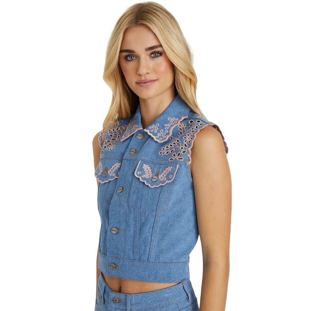 Driftwood Venus Embroidered Denim Vest in Pink Promise Size XS